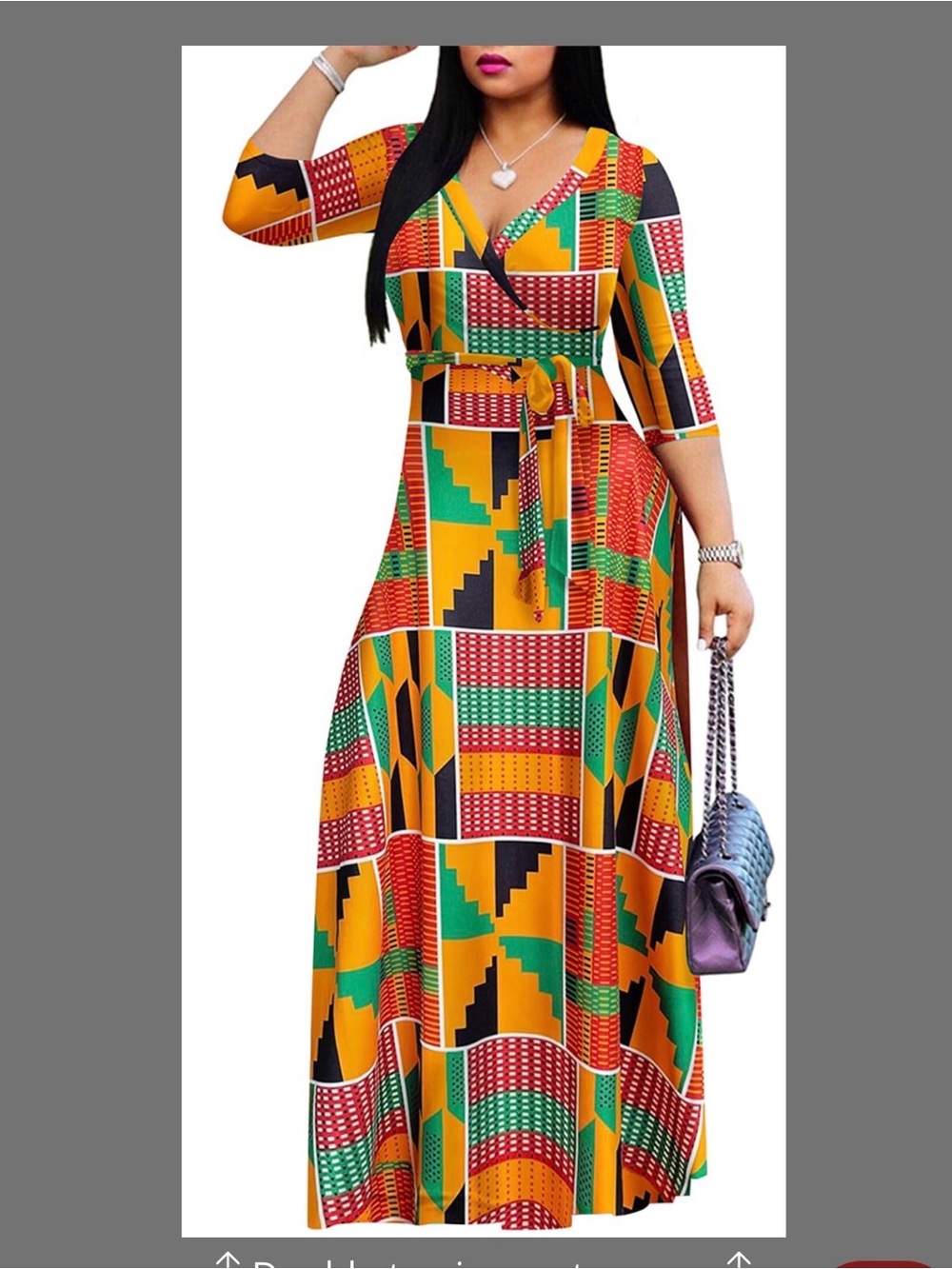 Kente-Inspired Maxi Wrap Dress with Self-Tie Belt - Yellow & Green